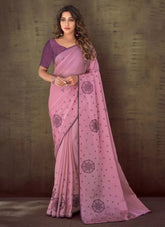 Zari Organza Stone Work Indian Designer Saree In Pink